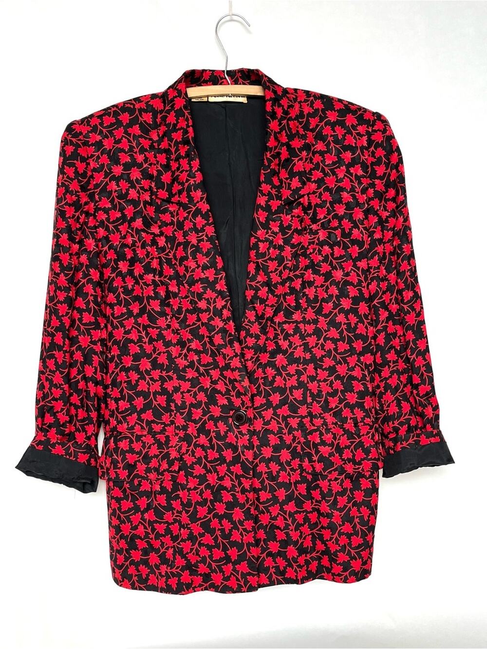 Vintage 80s 90s Anne Klein Black and Red Floral Silk Blazer Sz 12 Tuxedo Jacket